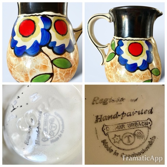Ditmar Urbach Art Pottery Pitcher Vase Jug Hand Painted Czechoslovakia MCM 7.5” - Picture 9 of 10